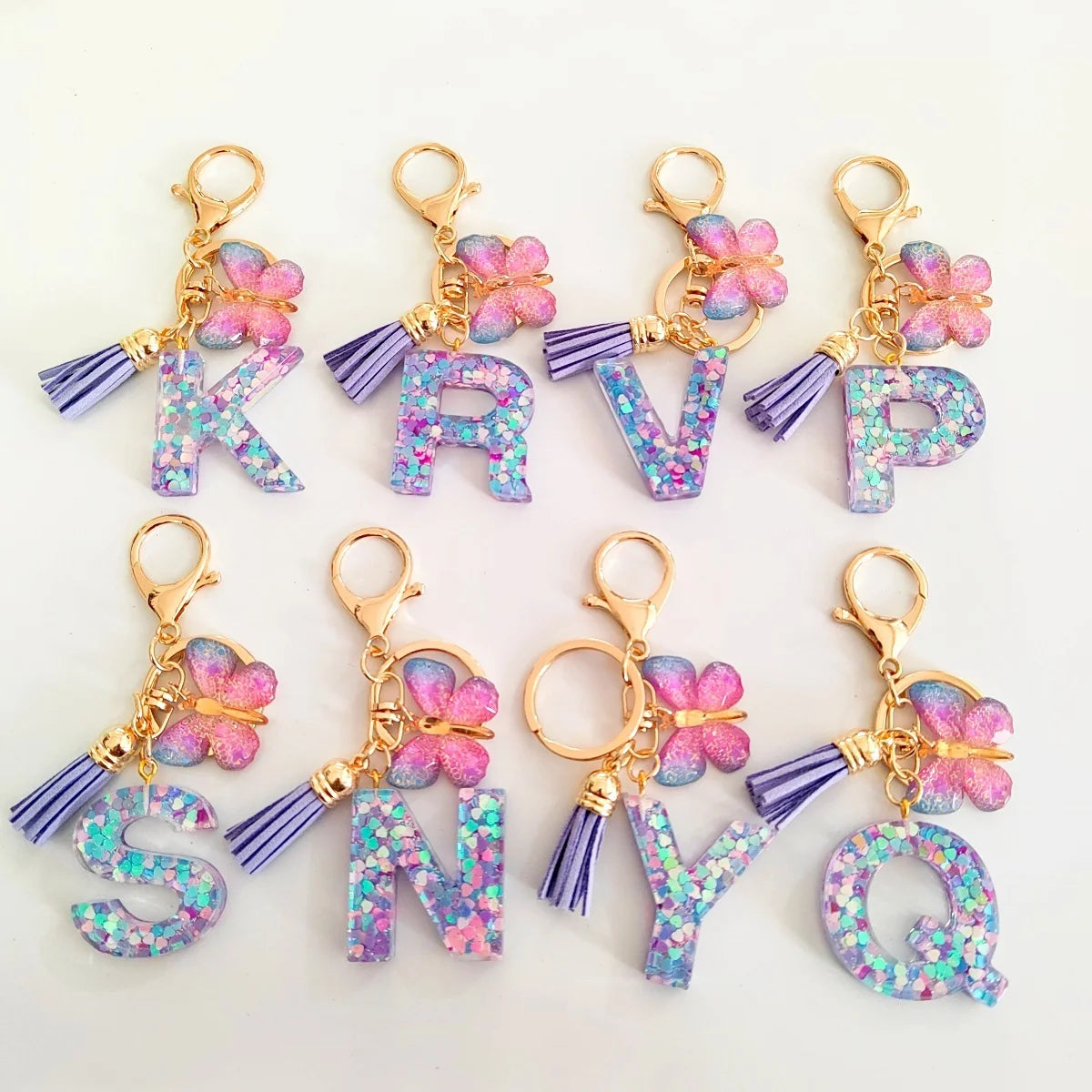 Butterfly Fringe Initial Keychain - Sequin A-Z Letter Bag Charm for Women, Students & Gifts
