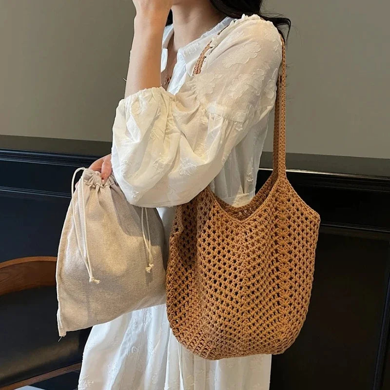 2-in-1 Luxury Summer Beach Tote Bag – Hollow-Out Large Capacity Shoulder Handbag for Women, Casual Underarm Bag