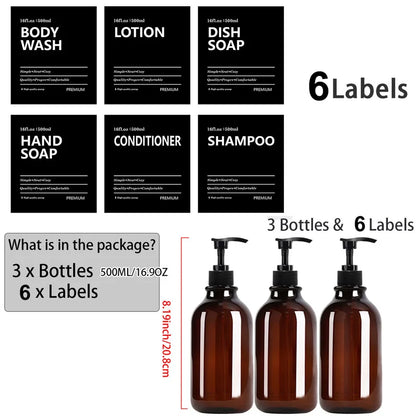 3 Pack 500ml Soap Dispenser Bottles with Labels – Kitchen & Bathroom Shampoo, Conditioner, Liquid Soap Containers