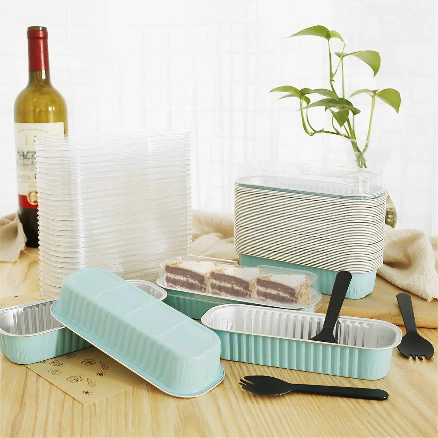 50Pcs Mini Cake Pans Set with Lids and Fork Spoons - 200ml Foil Rectangle Baking Cups, Aluminum Loaf Pans for Portable Bread