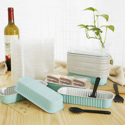 50Pcs Mini Cake Pans Set with Lids and Fork Spoons - 200ml Foil Rectangle Baking Cups, Aluminum Loaf Pans for Portable Bread