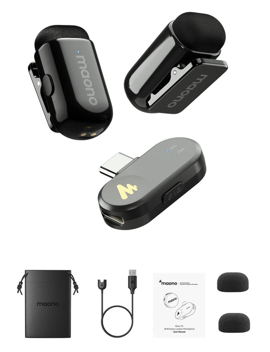 MAONO T1 Mini Wireless Lapel Microphone – Noise-Canceling Clip-On Mic for iPhone, Android, Tablet & PC Recording
