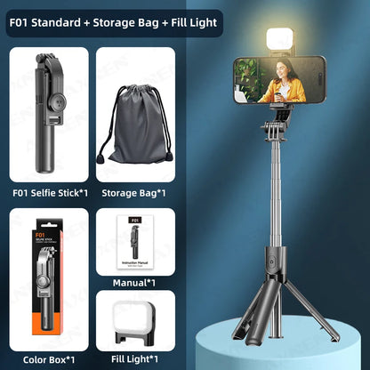 Bluetooth Selfie Stick Tripod with Wireless Remote and Phone Holder – Adjustable Desktop Stand for iPhone & Android, Optional Fill Light