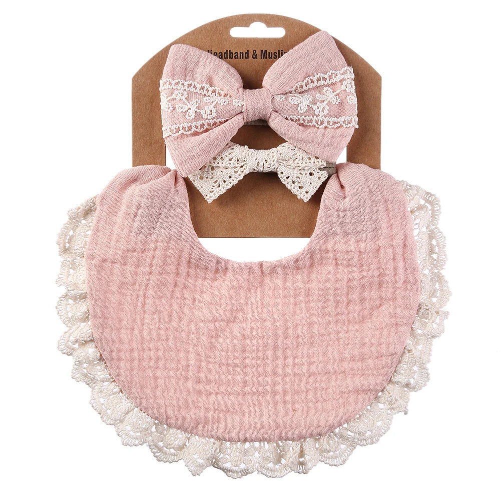 3PCS Baby Bib Set – Solid Muslin Cotton & Bamboo Feeding Drool Burp Cloth with Tassel Lace, Adjustable Infant Scarf for Boys & Girls