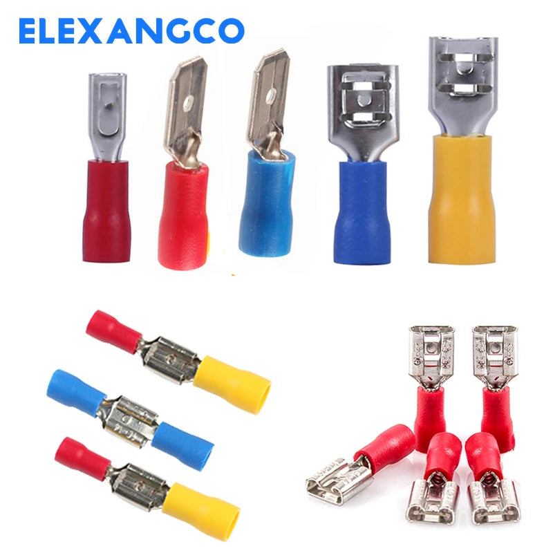 50PCS Insulated Spade Wire Connectors Set – 2.8/4.8/6.3mm Male & Female Electrical Crimp Terminals (Red, Blue, Yellow)