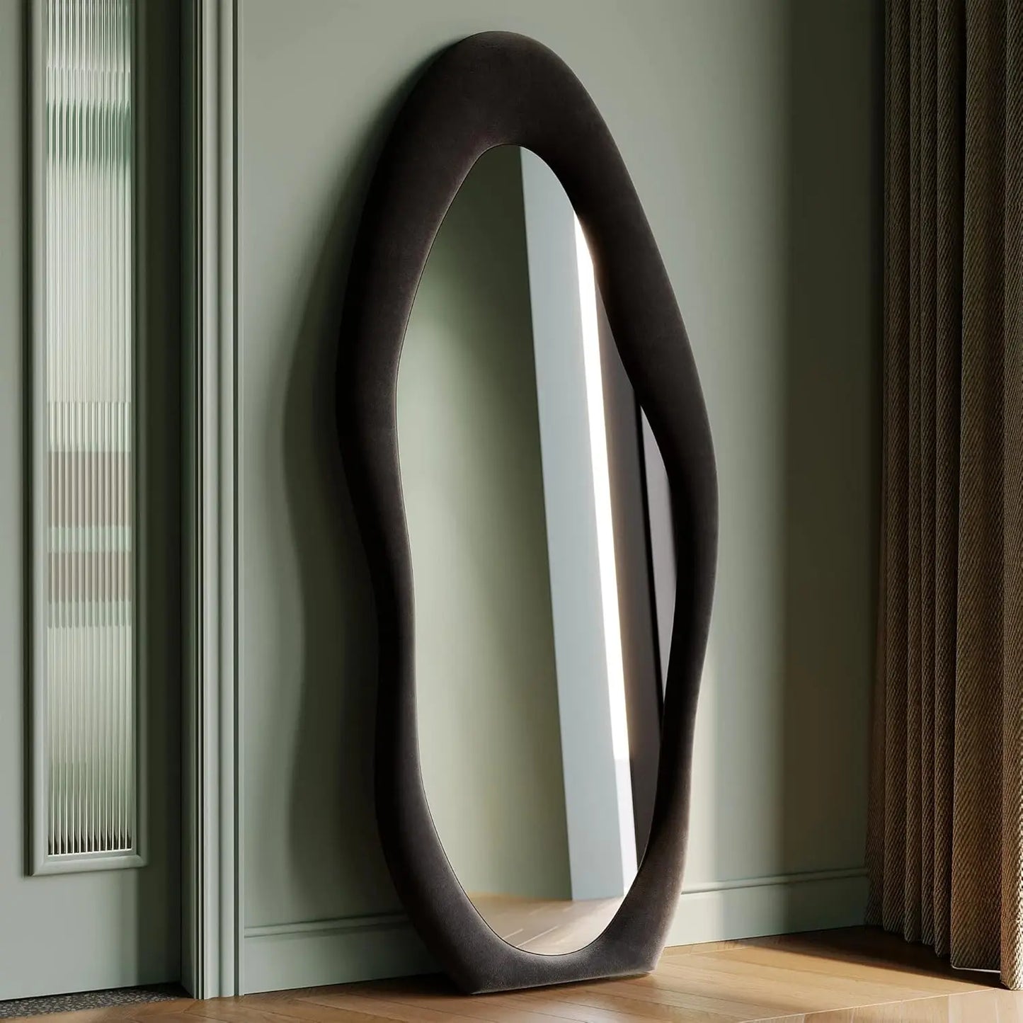 Full-Length Wall Mirror – 63"x24" Wavy Full Body Mirror with Flannel-Wrapped Wood Frame for Bedroom, Living Room & Cloakroom