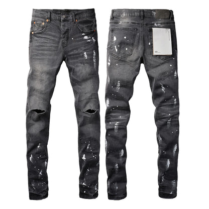 2025 Men’s High Street Ripped Skinny Jeans — Low Rise Blue Distressed Denim Fashion Repair Trousers 9003