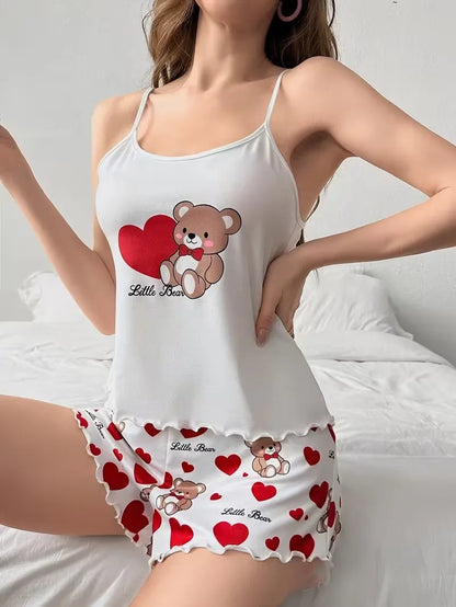 Cute Love Bear Pajama Set - Women's Heart Print Loungewear Top & Shorts Sleepwear