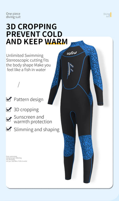 Children's 2mm/3mm Neoprene Wetsuit – One-Piece Long Sleeve Diving Suit for Cold Protection, Sunscreen, Surfing, Swimming & Snorkeling