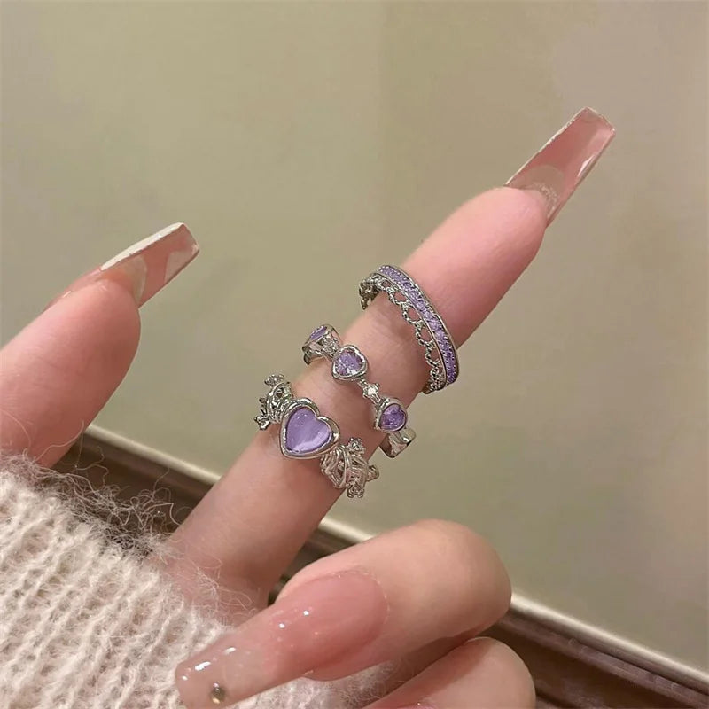3PCS Heart Zircon Open Ring Set - Y2K Gothic Fashion Jewelry Accessories for Women & Girls