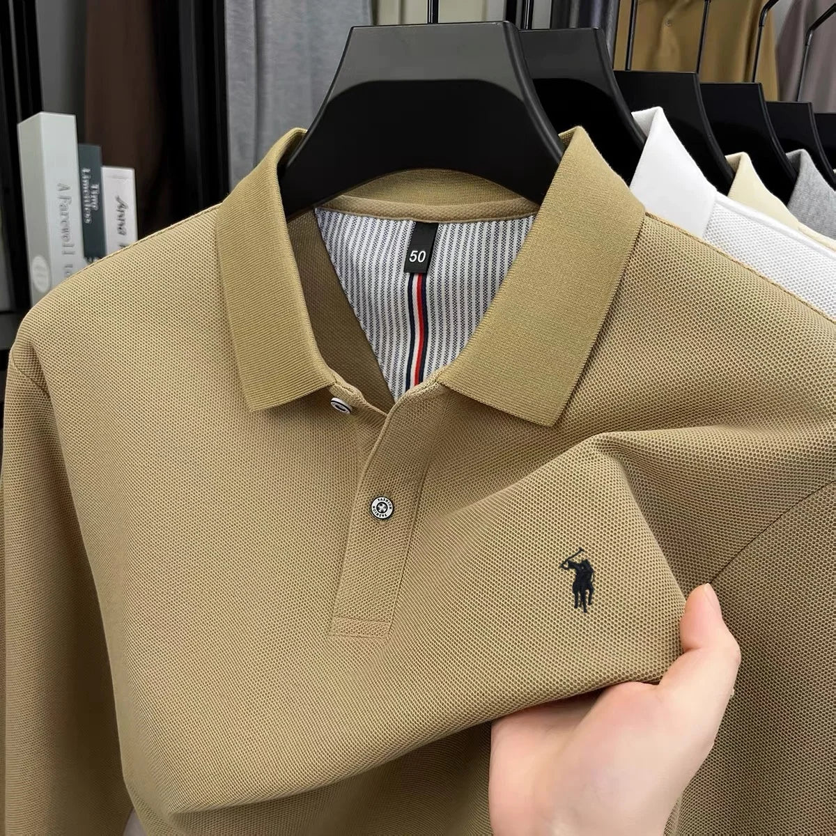 Men's 100% Cotton Long Sleeve Polo Shirt - Embroidered Business Casual Fashion Polo
