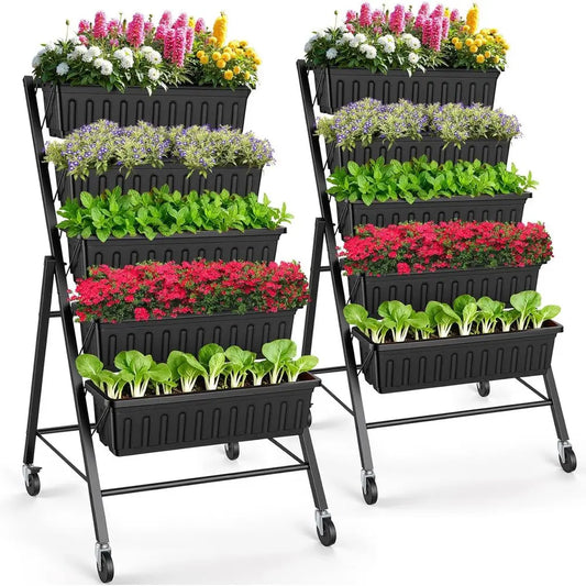 2-Tier Veal Garden Planter with Wheels – Black Herb & Vegetable Planter with Drainage and Hooks