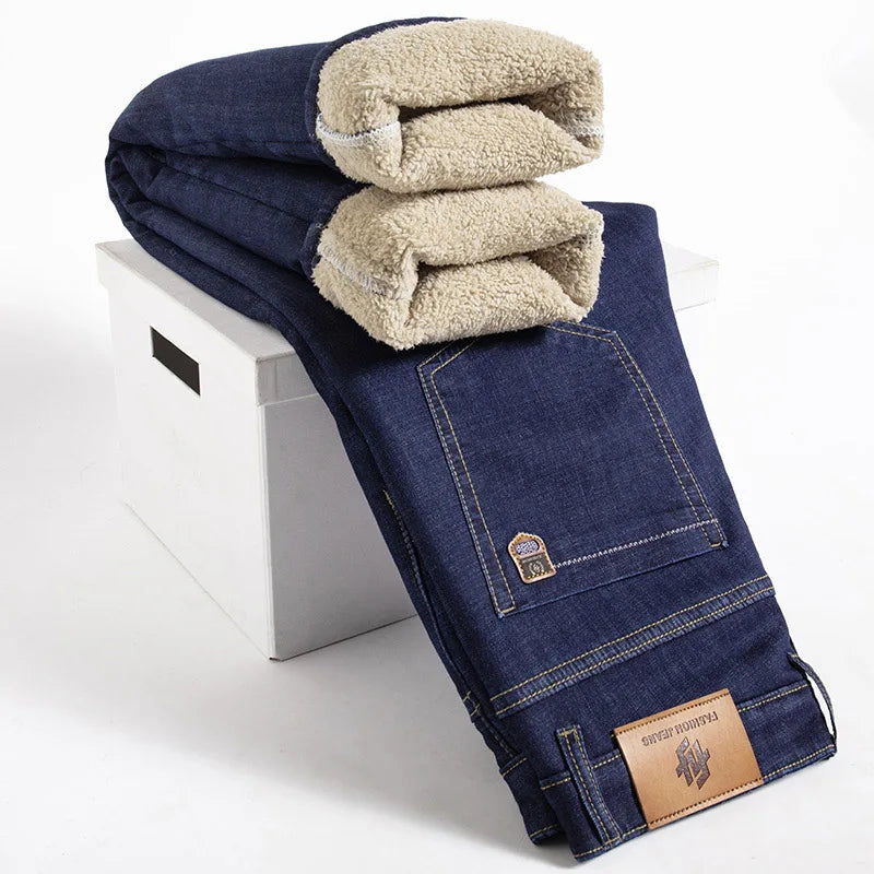 Men’s Winter Lamb Fluff Denim Pants – Fleece-Lined Straight Jeans, Thick High-Waist Slim Stretch Jeans, Big Size 40 Warm Vaqueros
