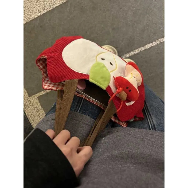 Red Apple Corduroy Shoulder Bag - Cute Canvas Handbag with Apple Pendant for Casual Outings