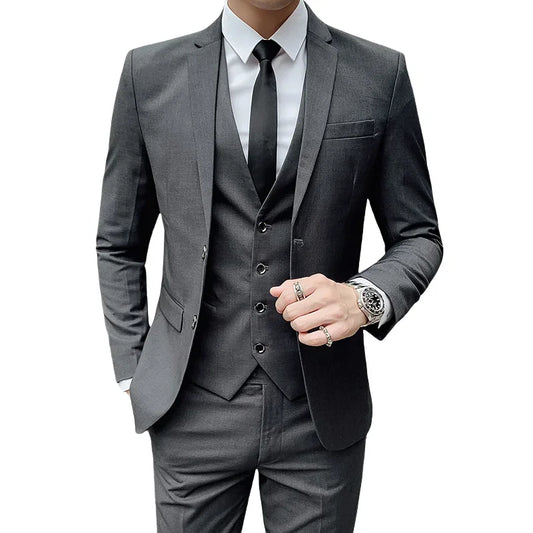 Men’s Business Suit Set — Blazer, Vest & Pants, Slim Fit Solid Color Wedding & Formal Dress Suit, Plus Size