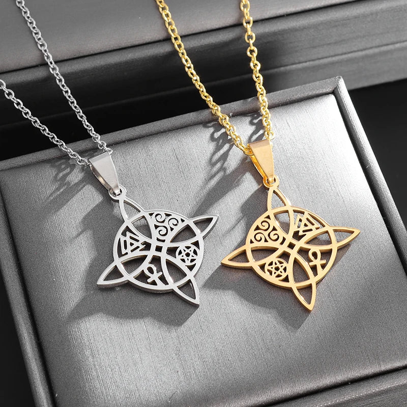 Witchcraft Witch Knot Necklace - Irish Trinity Knot Triple Spiral Pendant, Stainless Steel Ankh Cross Pentagram Amulet Jewelry