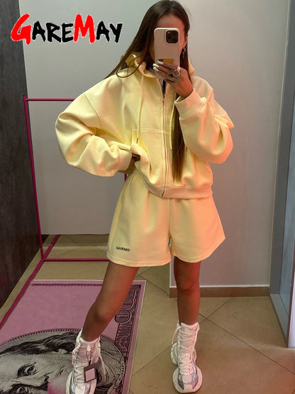 Women’s Summer Yellow Tracksuit – Cotton Zipper Top & Shorts Two-Piece Casual Sports Set