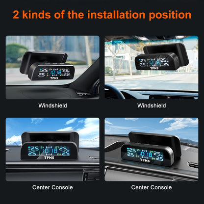 Solar Car TPMS Tire Pressure Monitoring System – 4 External Sensors with Temperature Alarm for Tyre Safety