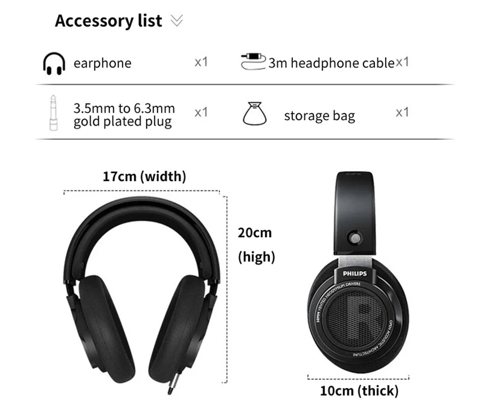 Philips SHP9500 HiFi Stereo Headphones - Wired Earphones for Computer, Online Learning, Esports, 3.5mm/6.3mm Universal Headset