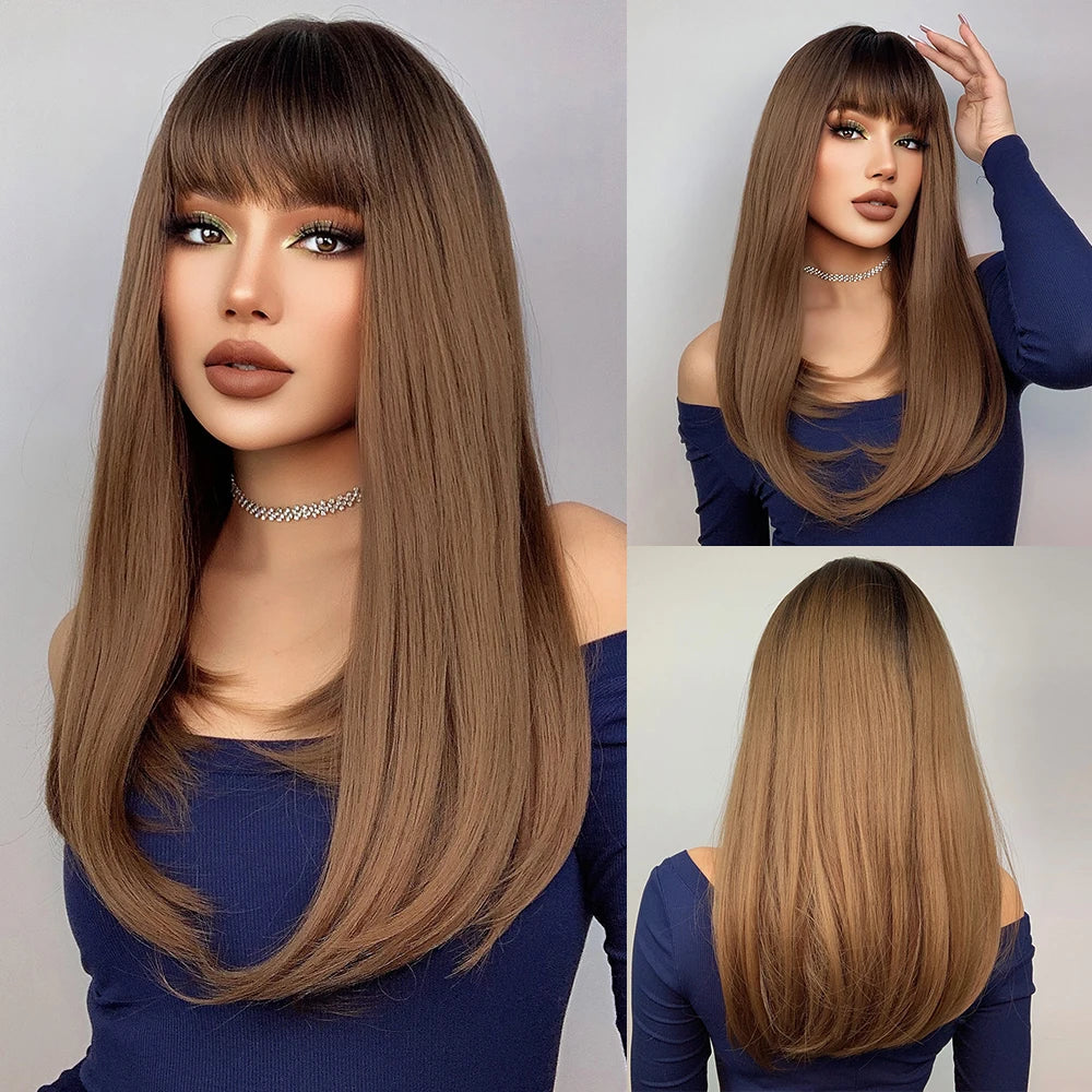 ALAN EATON Blonde Layered Synthetic Wig with Bangs – Long Straight Heat-Resistant Wig for Women & Girls, Natural Daily Hair
