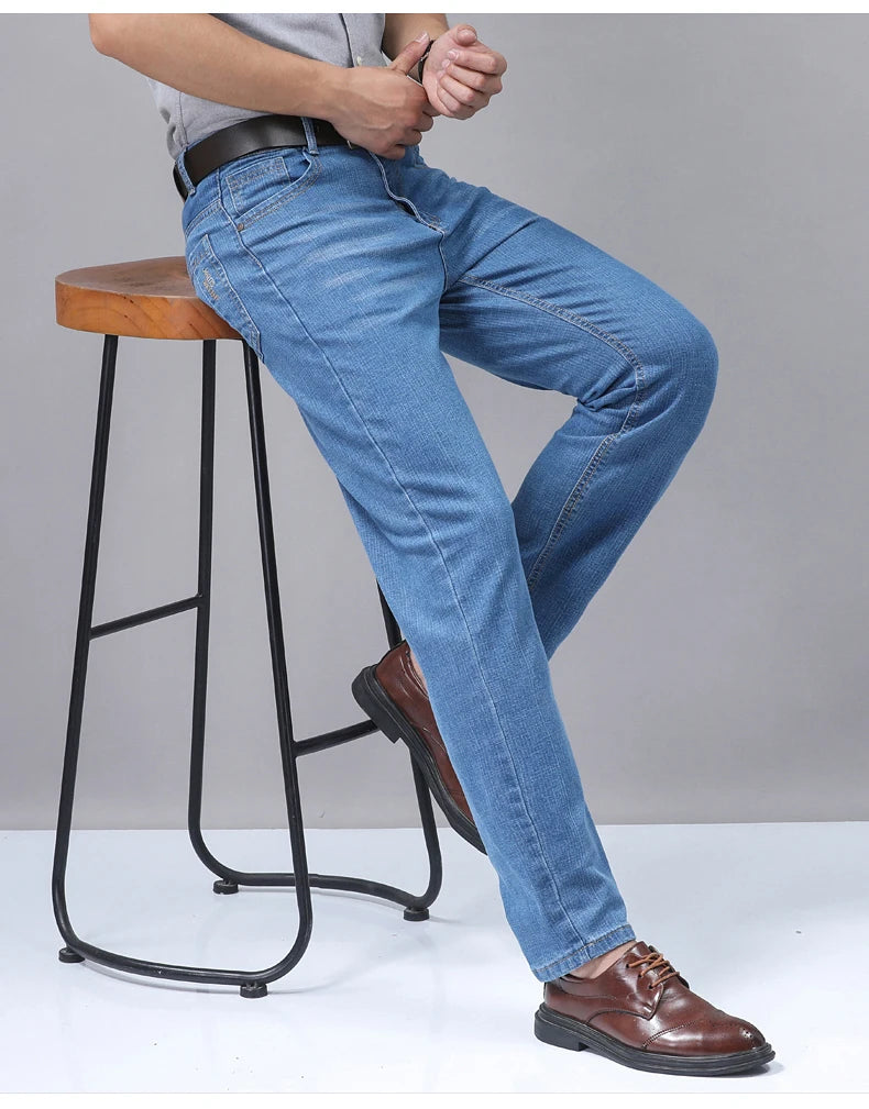 Men’s Casual Comfortable Jeans – Straight Loose Fit High Waist Elastic Trousers for All Seasons & Office Wear