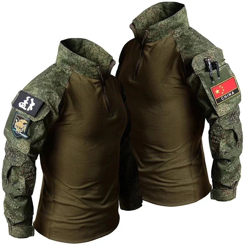 Men’s RU Camo Tactical Outfit Set - 2-Piece Breathable Long Sleeve Shirt and Multi-Pocket Cargo Pants for Outdoor Training and Combat Wear