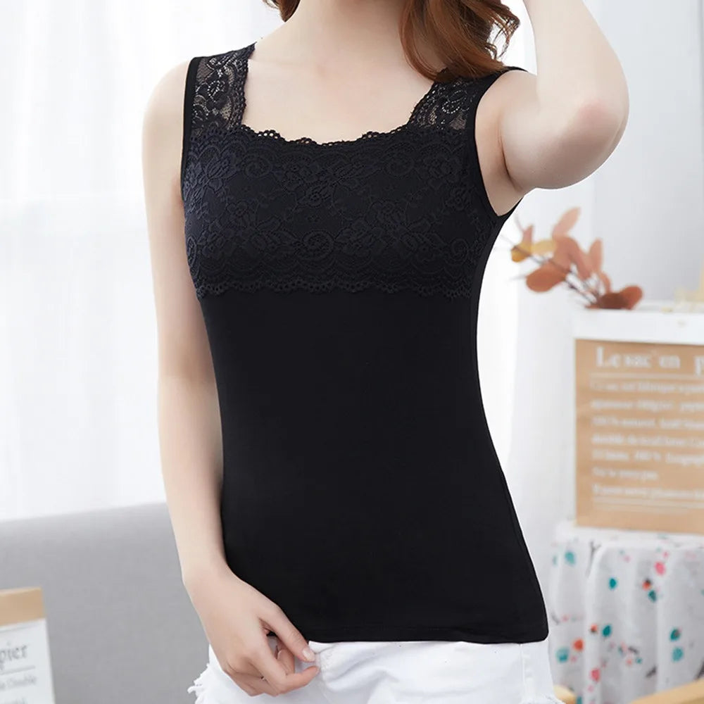 Women's Lace Trim Tank Top - Sleeveless Slim-Fit U-Neck Summer Cami Shirt