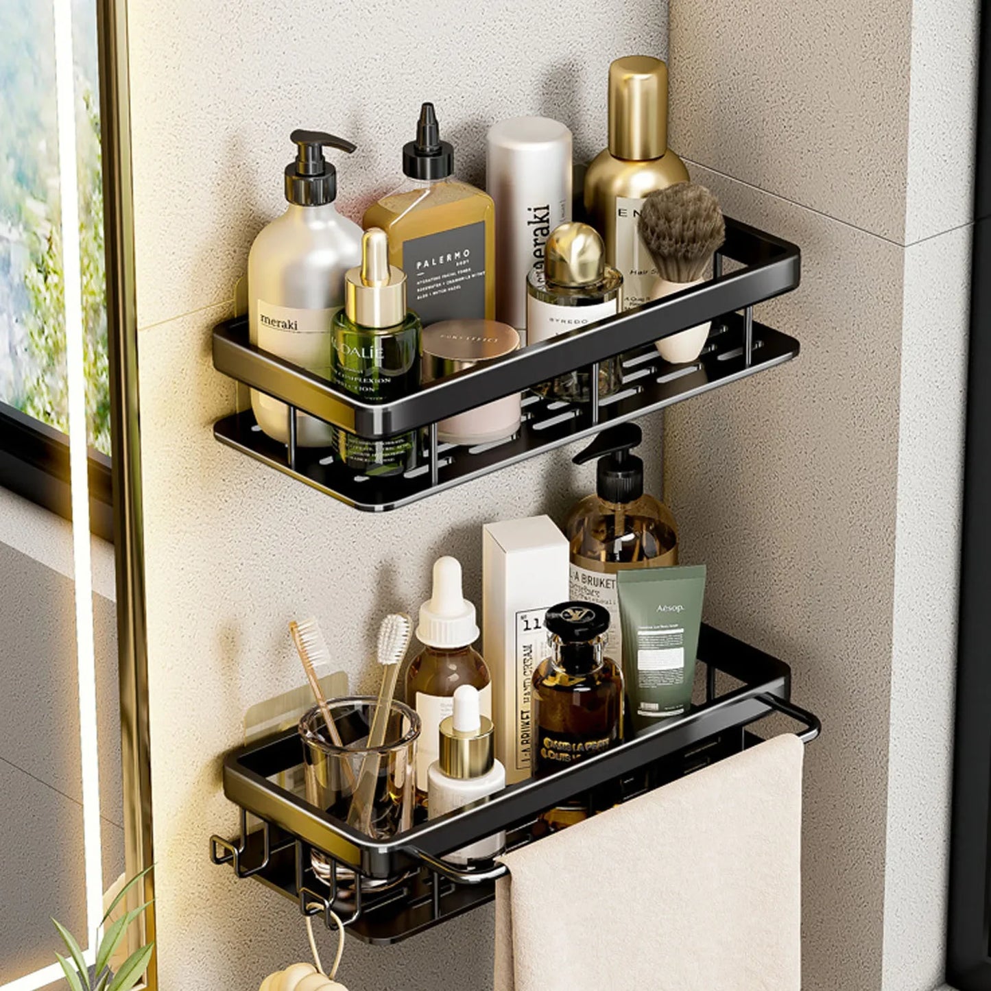 No Drill Wall-Mounted Bathroom Shelf, Shampoo Bottle Shower Corner Rack, Aluminum Toilet & Kitchen Storage Accessory