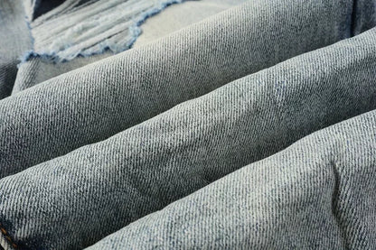 2025 Men’s High Street Ripped Skinny Jeans — Low Rise Blue Distressed Denim Fashion Repair Trousers 9003