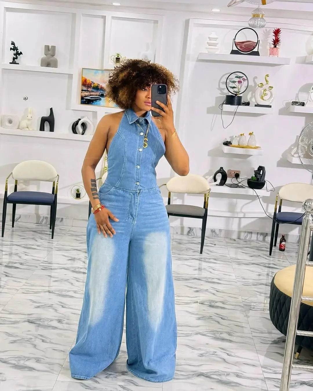 Women's Denim One-Piece Jumpsuit - Backless Long Sleeve Collared Outfit with Button Closure