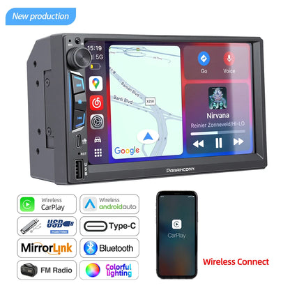 2DIN 7" Car Stereo - Wireless CarPlay & Android Auto Touchscreen MP5 Player with Bluetooth, FM Radio & PD3.0 Fast Charging