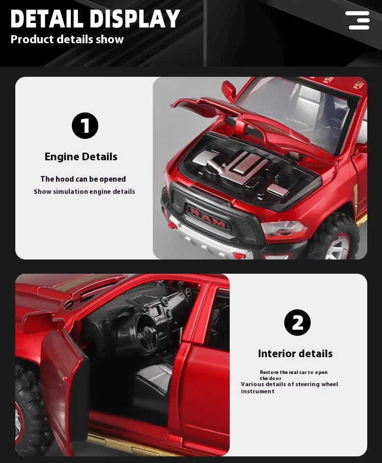 1:32 RAM Pickup Truck Alloy Model – Sound, Light & Spring-Back Action Toy for Kids’ Adventure Play