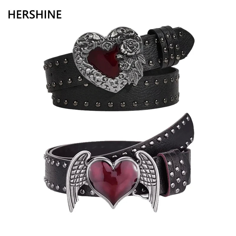 Rose Heart Leather Belt - Y2K Punk Gothic Rivet Rock Hip-Hop Fashion Accessory
