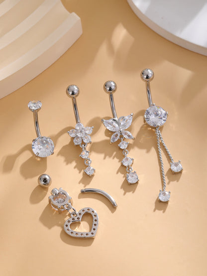 5PCS Belly Button Ring Set – 14G Curved Navel Piercing with Butterfly & Heart Charms, Body Jewelry for Women & Girls
