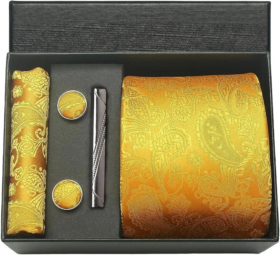 100% Silk Men’s Necktie Set with Paisley Floral Design, Business Tie with Pocket Square, Tie Clip & Cufflinks Gift Box Set for Men