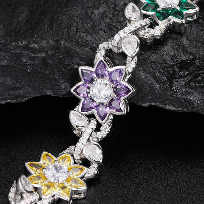 New Iced Out Moissanite Chain Necklace & Colorful Flower Bracelet – Hip Hop S925 Silver, 18K Plated Jewelry for Men & Women