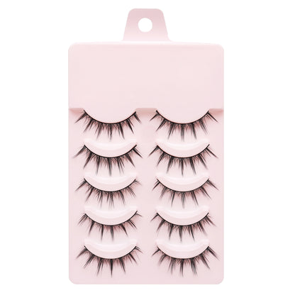 Manga Lashes 5 Pairs – Anime Cosplay Faux Mink Short Full Strip Lashes, Korean Natural Look, Clear Band Soft Eyelash Extensions