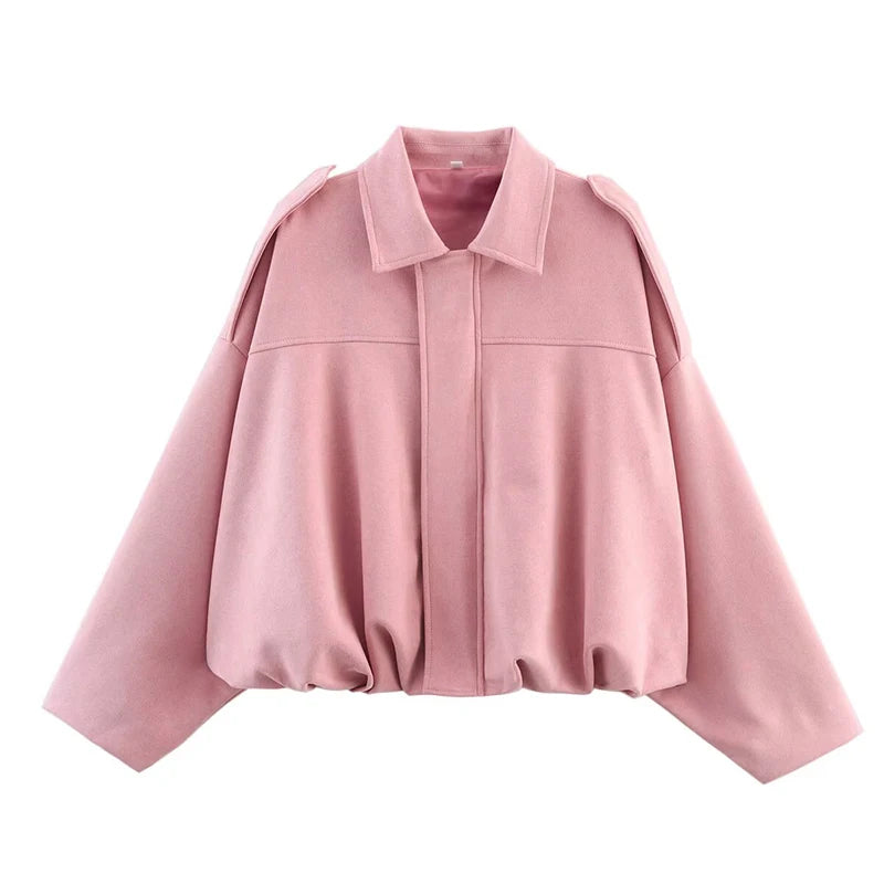 Women's Vintage Bomber Jacket Coat – Turn-Down Collar Long Sleeve Loose Fit Chic Fashion Outerwear