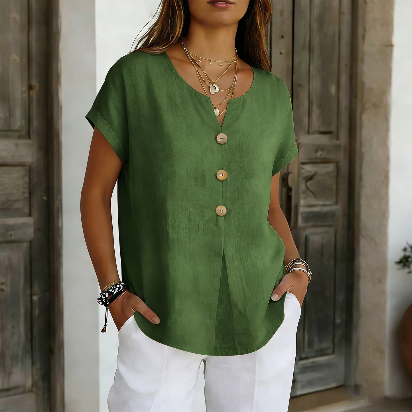 Women’s 2026 Summer Cotton Linen V-Neck Blouse – Solid Color Short Sleeve Loose Button Casual Plus Size Shirt