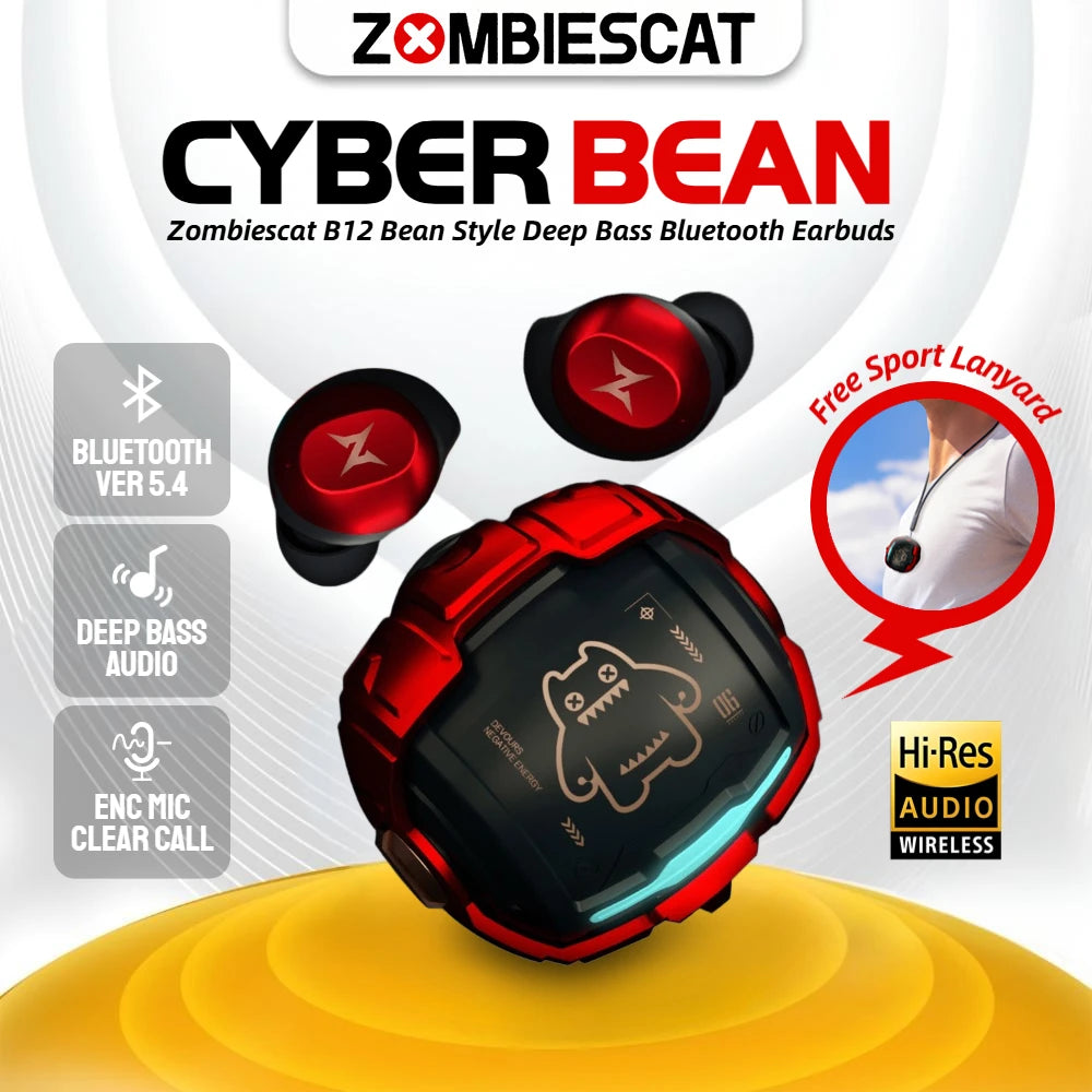 ZOMBIES CAT B12 Bean Wireless Earbuds - Bluetooth Sports Earphones with Deep Bass and Sport Lanyard