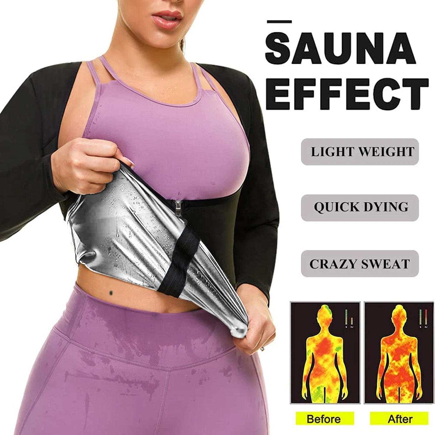 LISA SWEAT Sauna Suit for Women: Hot Body Shaper Long Sleeve Zipper Shirt - Sweat Waist Trainer Workout Top in Silver