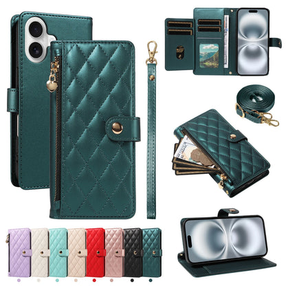Crossbody Leather Wallet Case for iPhone – Zipper Card Slot Bag with Rhombus Design for iPhone 16/16 Pro Max/15/14/13/12/11/SE 2022