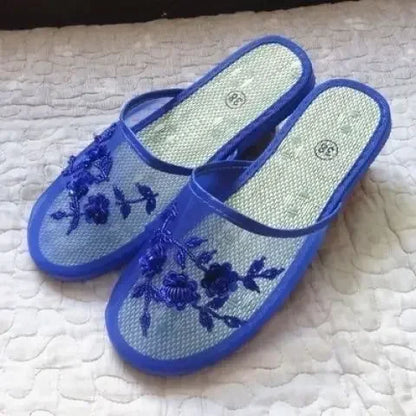 Women’s Sequin Mesh Indoor Slippers – Summer Hollow Flat Beach Flip Flops with Creative Flower Design