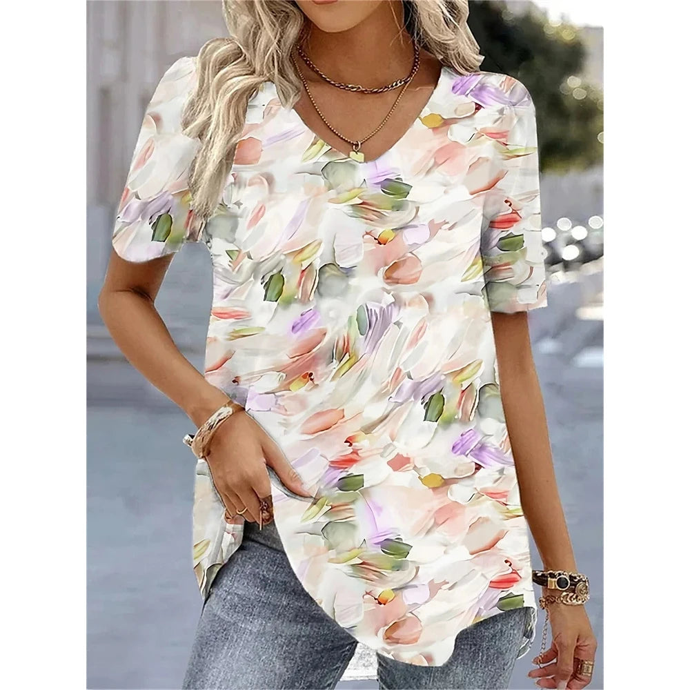 Women's 3D Flower Print V-Neck T-Shirt - Oversized Kawaii Summer Casual Blouse Top Fashion Clothing