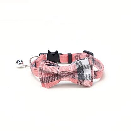 Pet Breakaway Cat Collar with Bow Tie & Bell – Cute Plaid Christmas Red Adjustable Collar for Cats