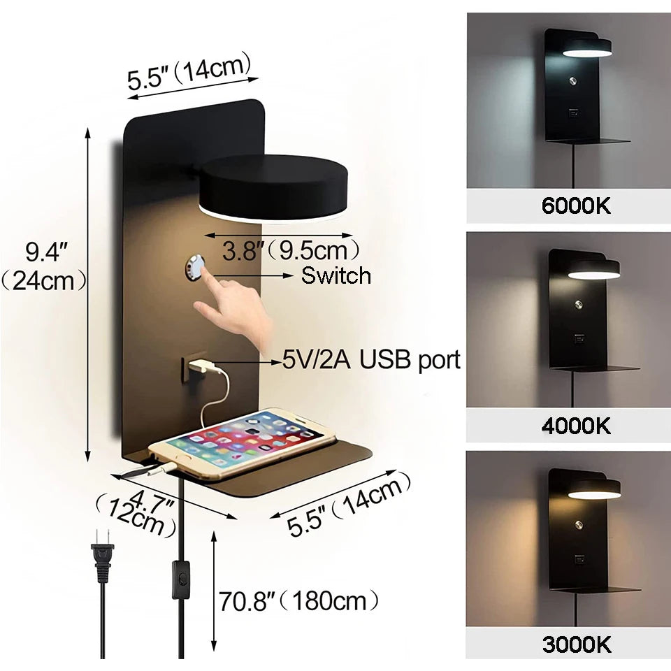 Modern LED Wall Lamp with Switch and USB Charging Port | 9W Black White Art Lighting for Aisle, Bedroom, and Bedside | Decoration Wall Lights
