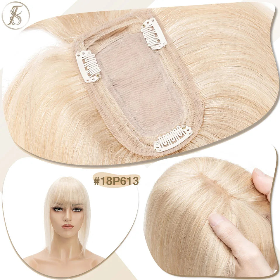 TESS Women Human Hair Topper With Bangs - 7x12.5cm Silk Base Clip In Hair Extension Natural Wigpiece