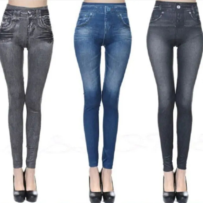 2024 Women's Faux Denim Leggings - Seamless High Waist Push Up Pocket Skinny Pants