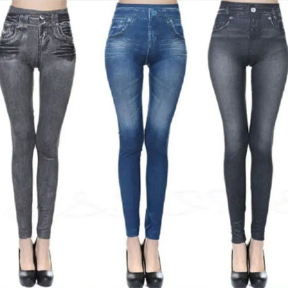 2024 Women's Faux Denim Leggings - Seamless High Waist Push Up Pocket Skinny Pants