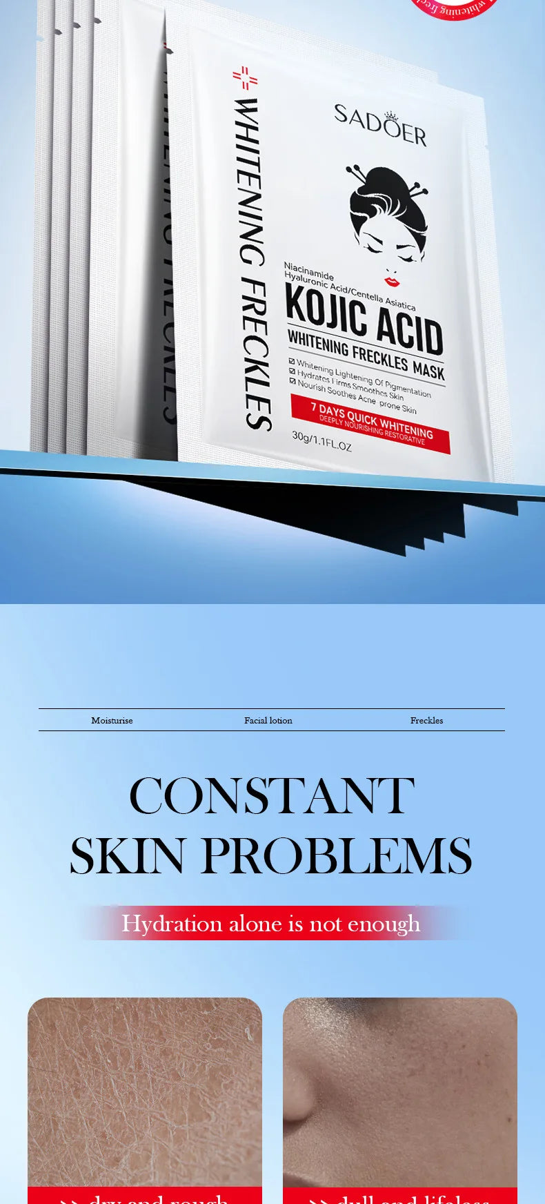 10pcs SADOER Kojic Acid Facial Sheet Masks — Moisturizing, Brightening & Hydrating Skincare